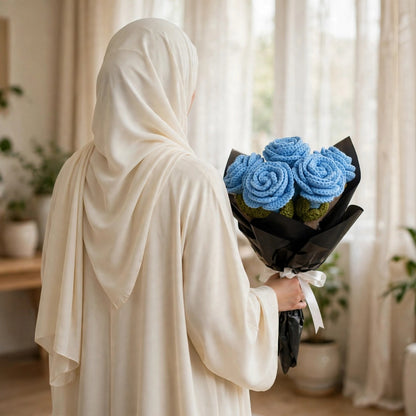 Blue Rose Bouquet with Black Wrapping and White Ribbon Bow