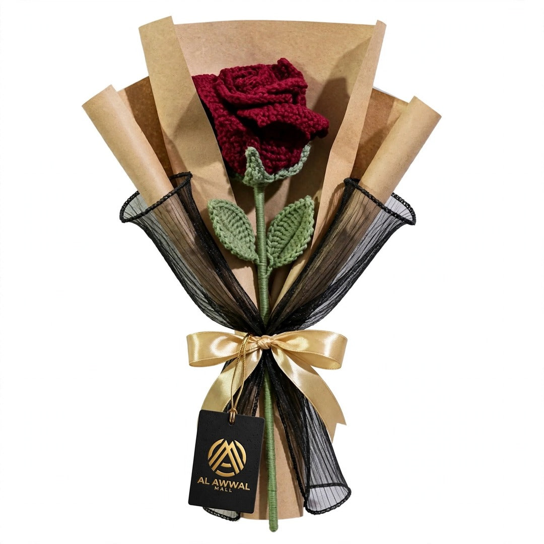 Maroon Rose Bouquet with Black Mesh, Kraft Wrapping & Golden Ribbon Bow