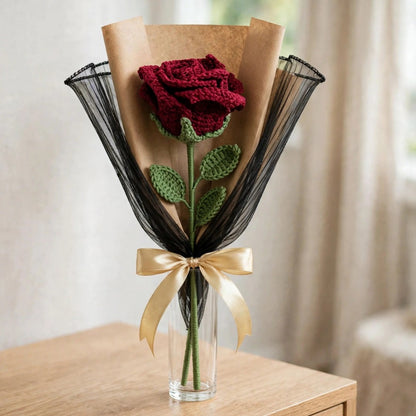 Maroon Rose Bouquet with Black Mesh, Kraft Wrapping & Golden Ribbon Bow