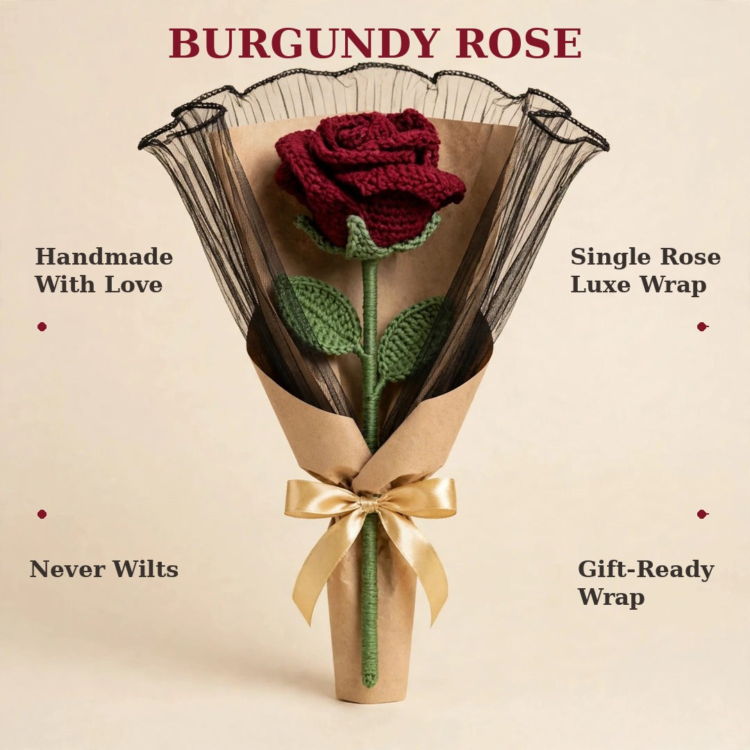 Maroon Rose Bouquet with Black Mesh, Kraft Wrapping & Golden Ribbon Bow
