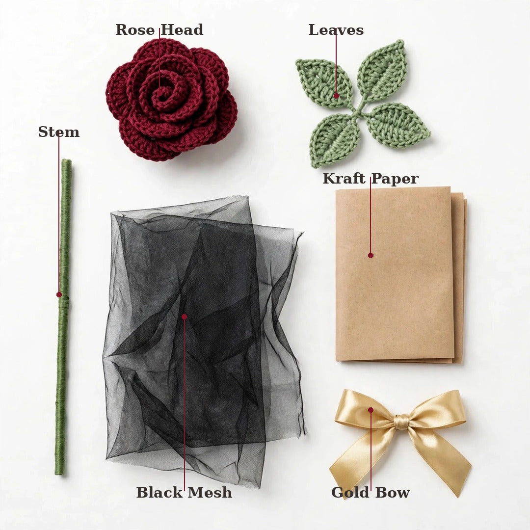 Maroon Rose Bouquet with Black Mesh, Kraft Wrapping & Golden Ribbon Bow