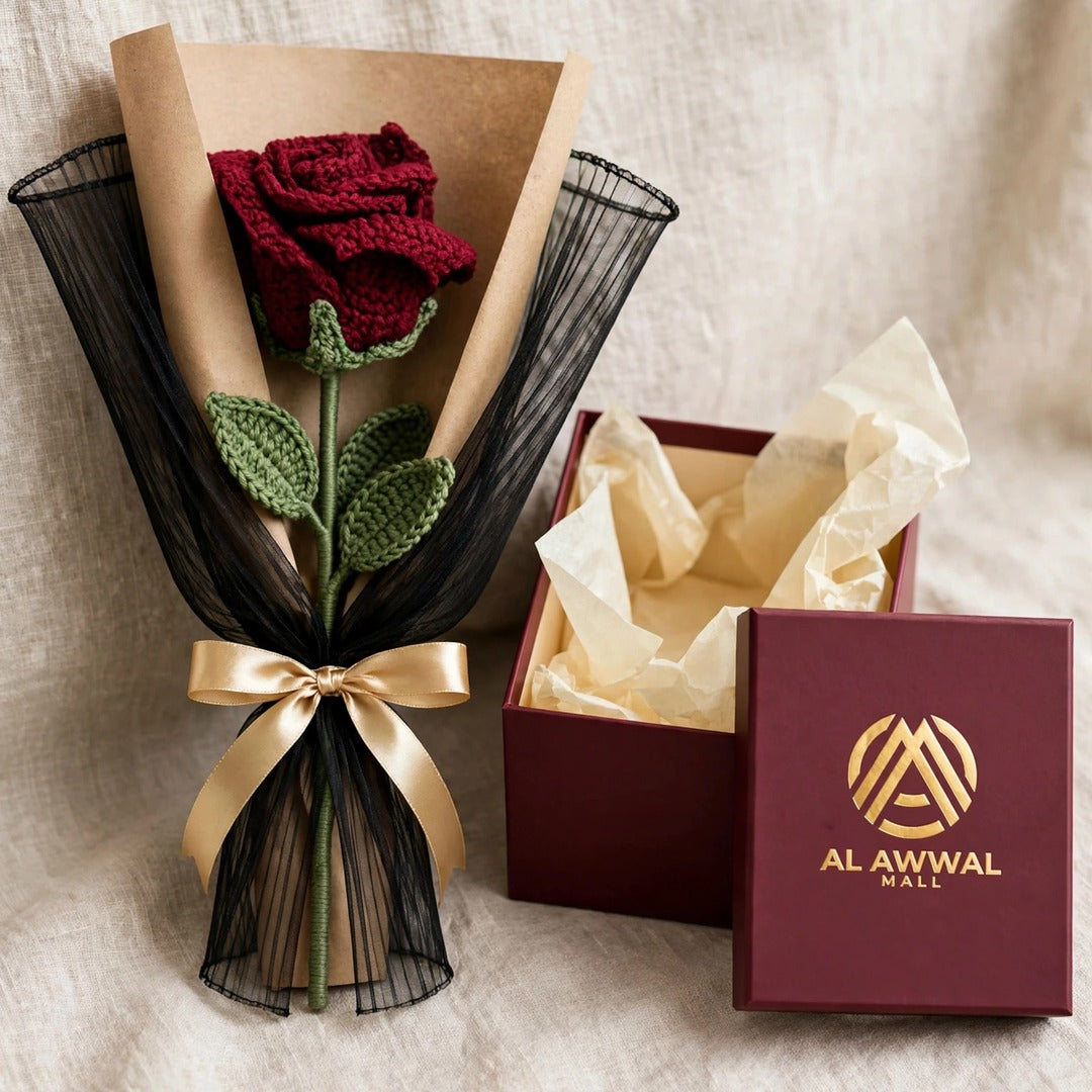 Maroon Rose Bouquet with Black Mesh, Kraft Wrapping & Golden Ribbon Bow