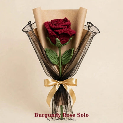 Maroon Rose Bouquet with Black Mesh, Kraft Wrapping & Golden Ribbon Bow