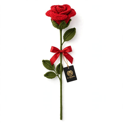 Handmade Crochet Red Rose with Green Calyx, Stem & Ribbon Bow