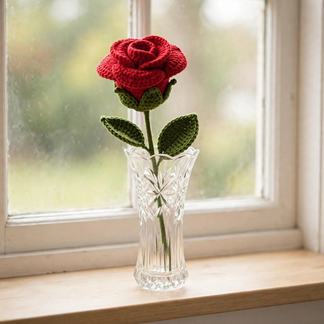 Handmade Crochet Red Rose with Green Calyx, Stem & Ribbon Bow