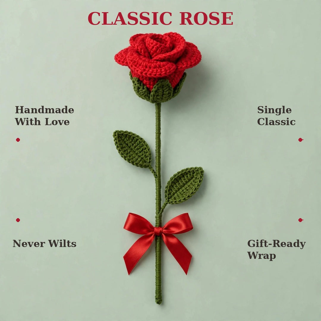 Handmade Crochet Red Rose with Green Calyx, Stem & Ribbon Bow