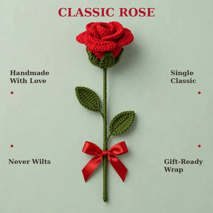 Handmade Crochet Red Rose with Green Calyx, Stem & Ribbon Bow
