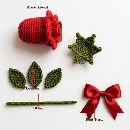Handmade Crochet Red Rose with Green Calyx, Stem & Ribbon Bow