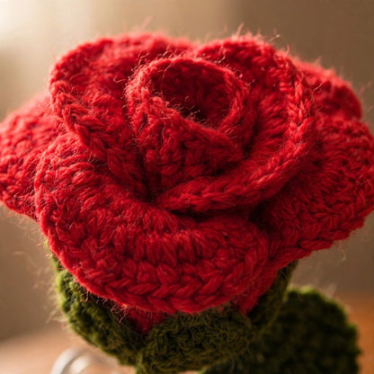 Handmade Crochet Red Rose with Green Calyx, Stem & Ribbon Bow