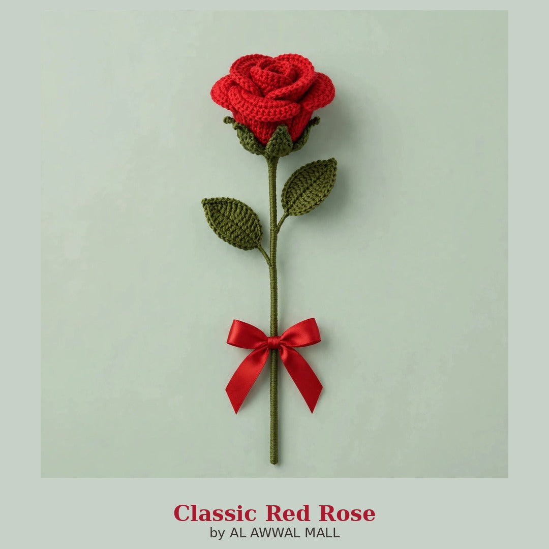 Handmade Crochet Red Rose with Green Calyx, Stem & Ribbon Bow