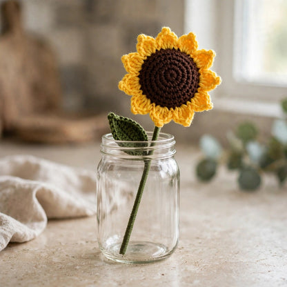 Handmade Crochet Sunflower with Stem – Single Flower