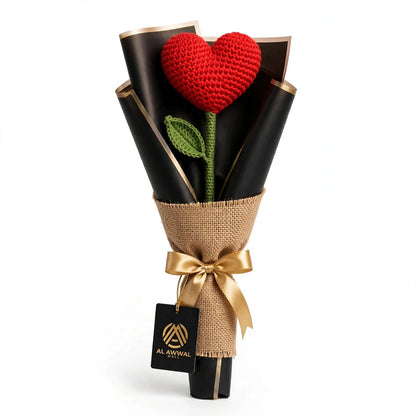 Handmade Crochet Heart-Shaped Flower with Black & Burlap Wrapping