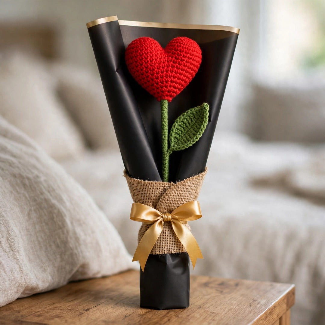 Handmade Crochet Heart-Shaped Flower with Black & Burlap Wrapping