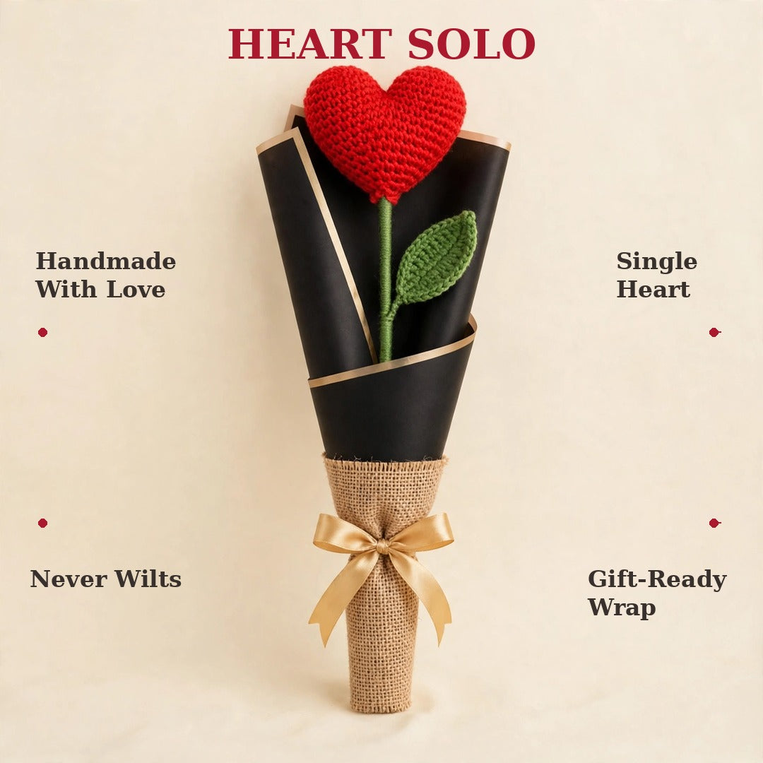 Handmade Crochet Heart-Shaped Flower with Black & Burlap Wrapping