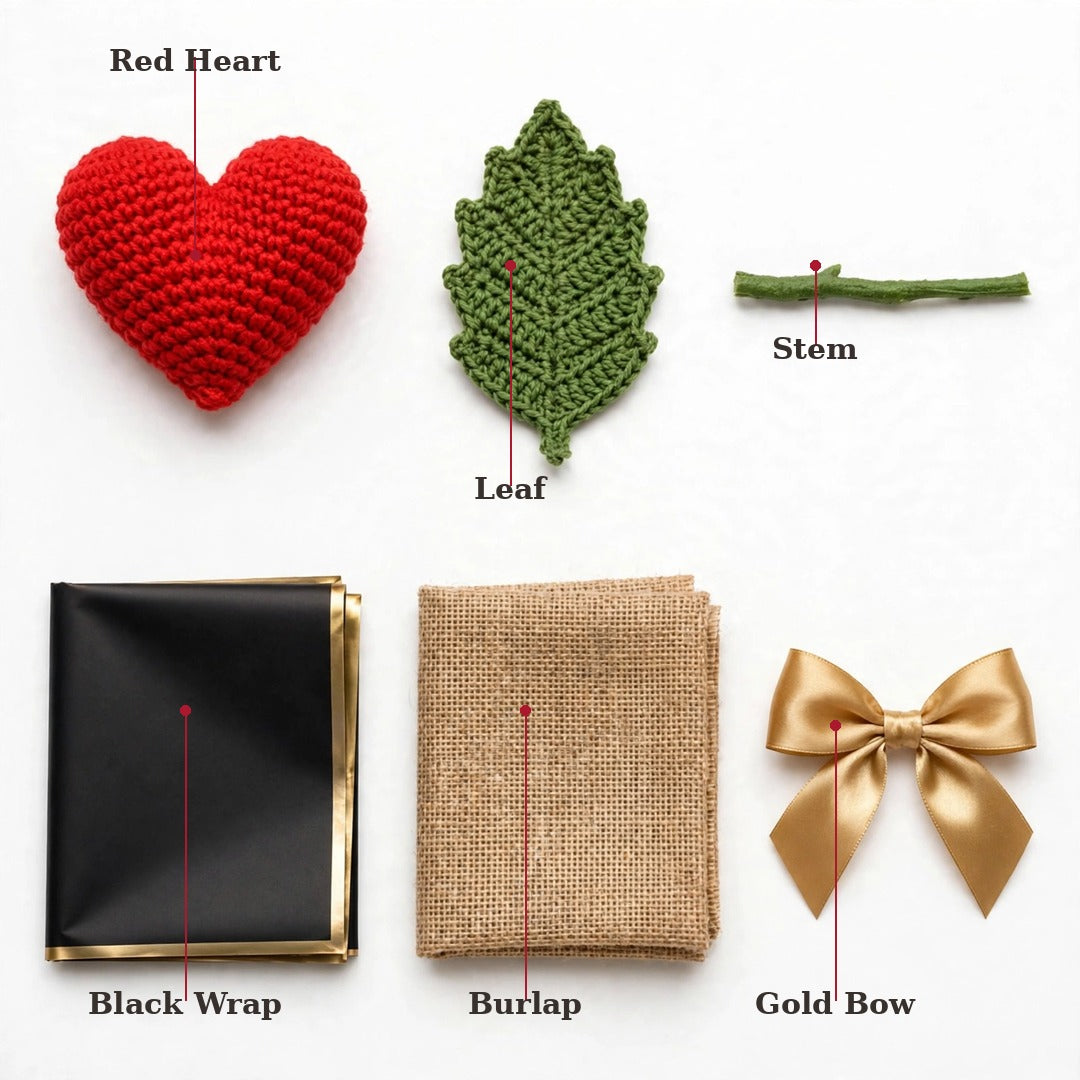 Handmade Crochet Heart-Shaped Flower with Black & Burlap Wrapping