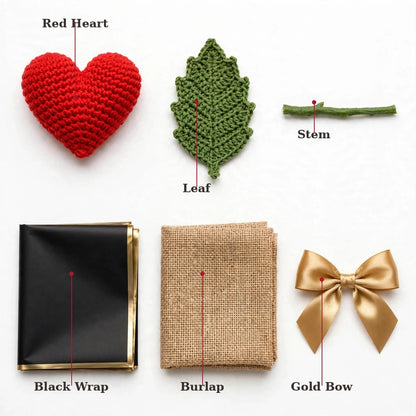 Handmade Crochet Heart-Shaped Flower with Black & Burlap Wrapping