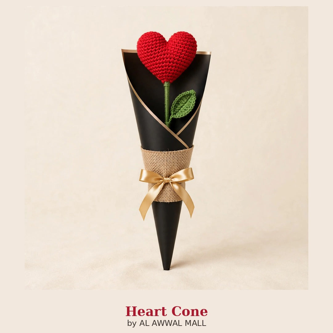 Handmade Crochet Heart-Shaped Flower with Black & Burlap Wrapping