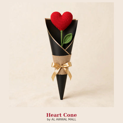 Handmade Crochet Heart-Shaped Flower with Black & Burlap Wrapping