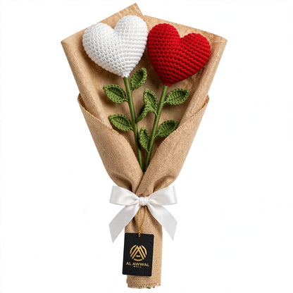 Red & White Heart-Shaped Crochet Flower Bouquet with Burlap Wrapping