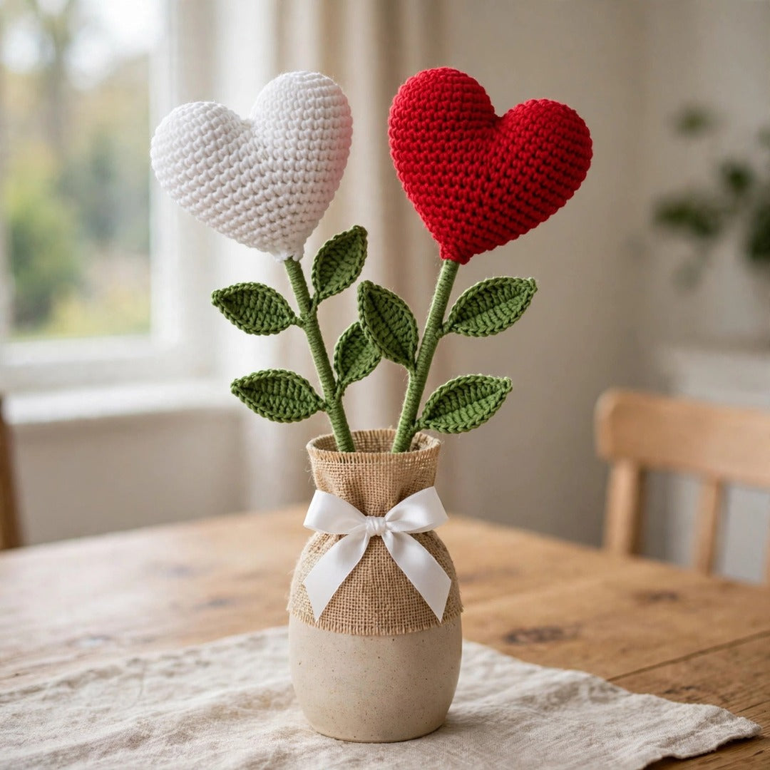 Red & White Heart-Shaped Crochet Flower Bouquet with Burlap Wrapping