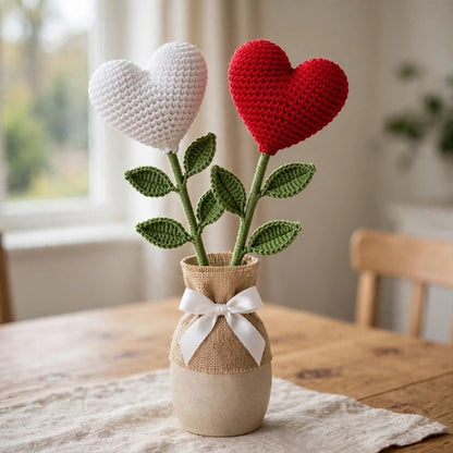 Red & White Heart-Shaped Crochet Flower Bouquet with Burlap Wrapping