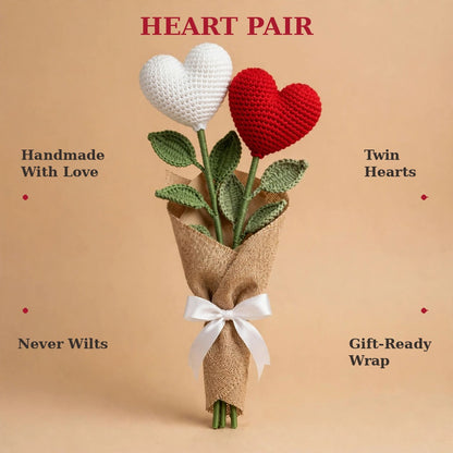 Red & White Heart-Shaped Crochet Flower Bouquet with Burlap Wrapping