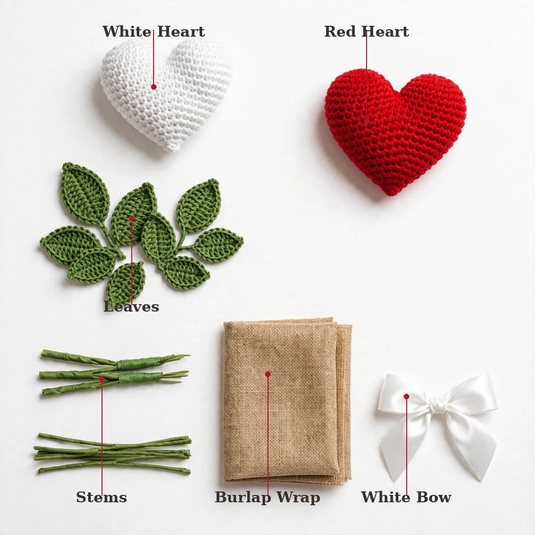 Red & White Heart-Shaped Crochet Flower Bouquet with Burlap Wrapping