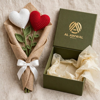 Red & White Heart-Shaped Crochet Flower Bouquet with Burlap Wrapping