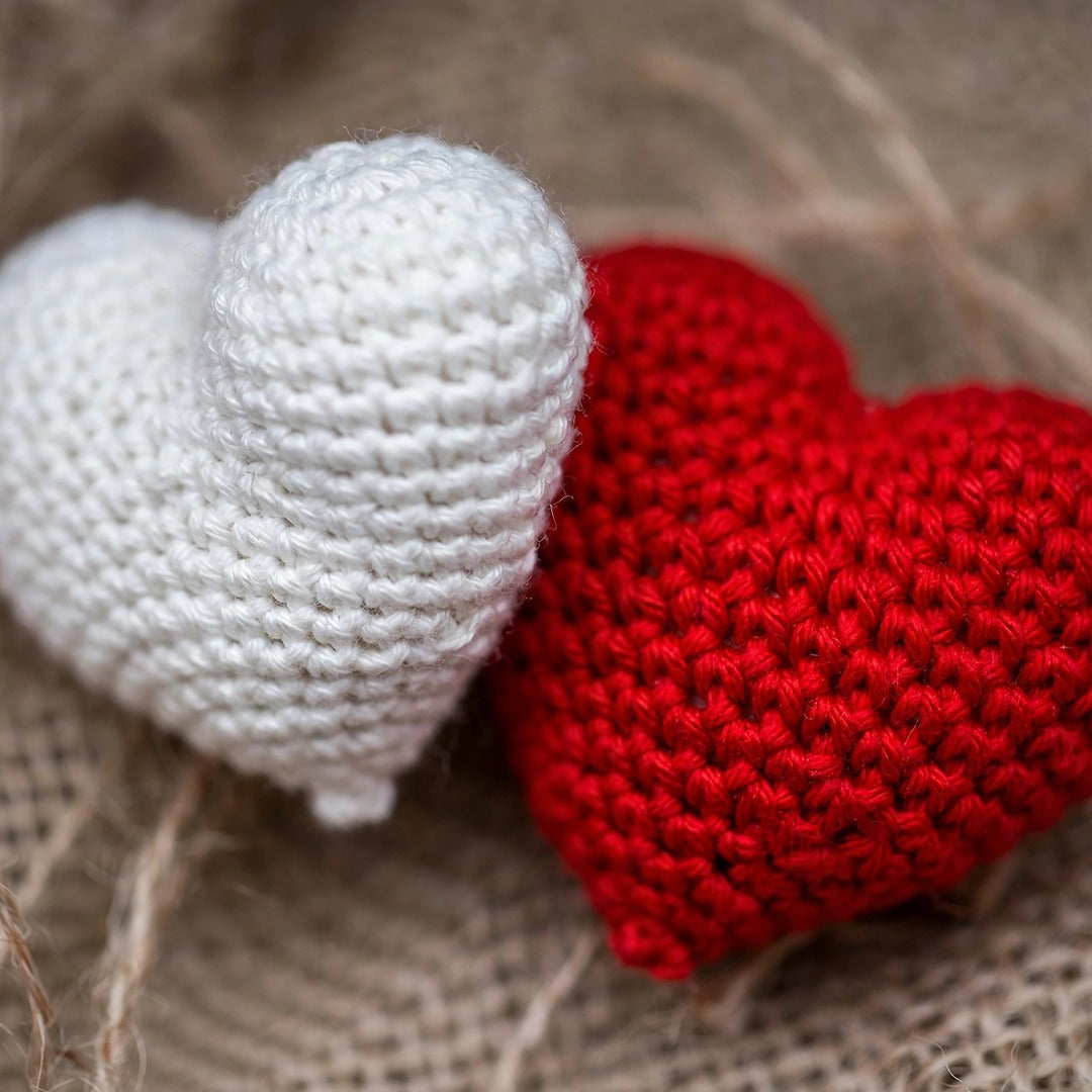 Red & White Heart-Shaped Crochet Flower Bouquet with Burlap Wrapping