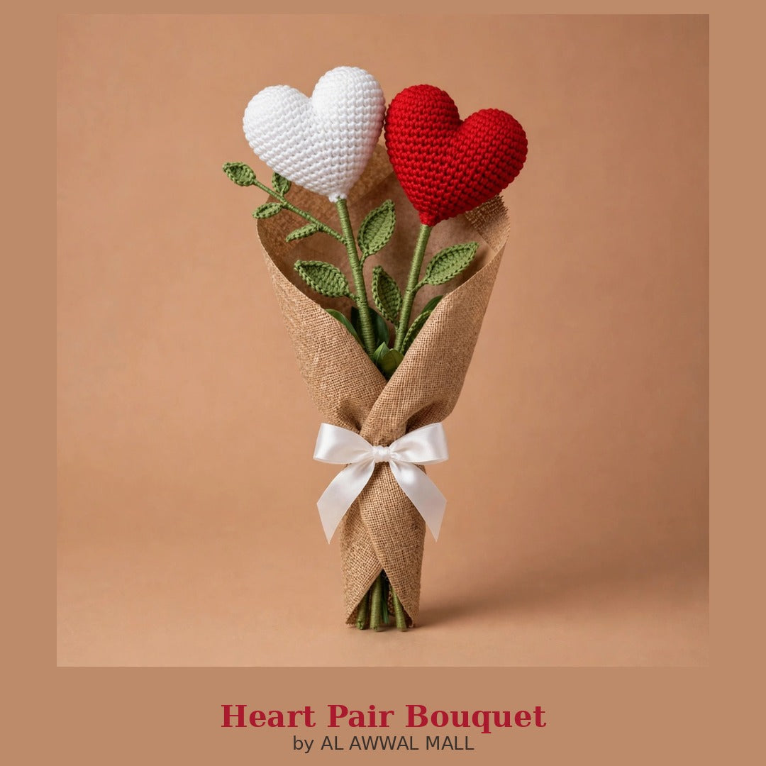 Red & White Heart-Shaped Crochet Flower Bouquet with Burlap Wrapping
