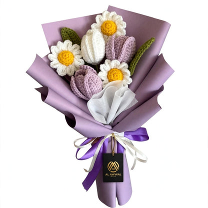 Lavender & White Tulip Bouquet with White Daisies and Two Ribbon Bows