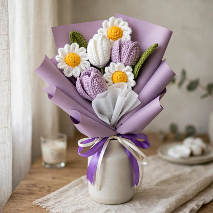 Lavender & White Tulip Bouquet with White Daisies and Two Ribbon Bows