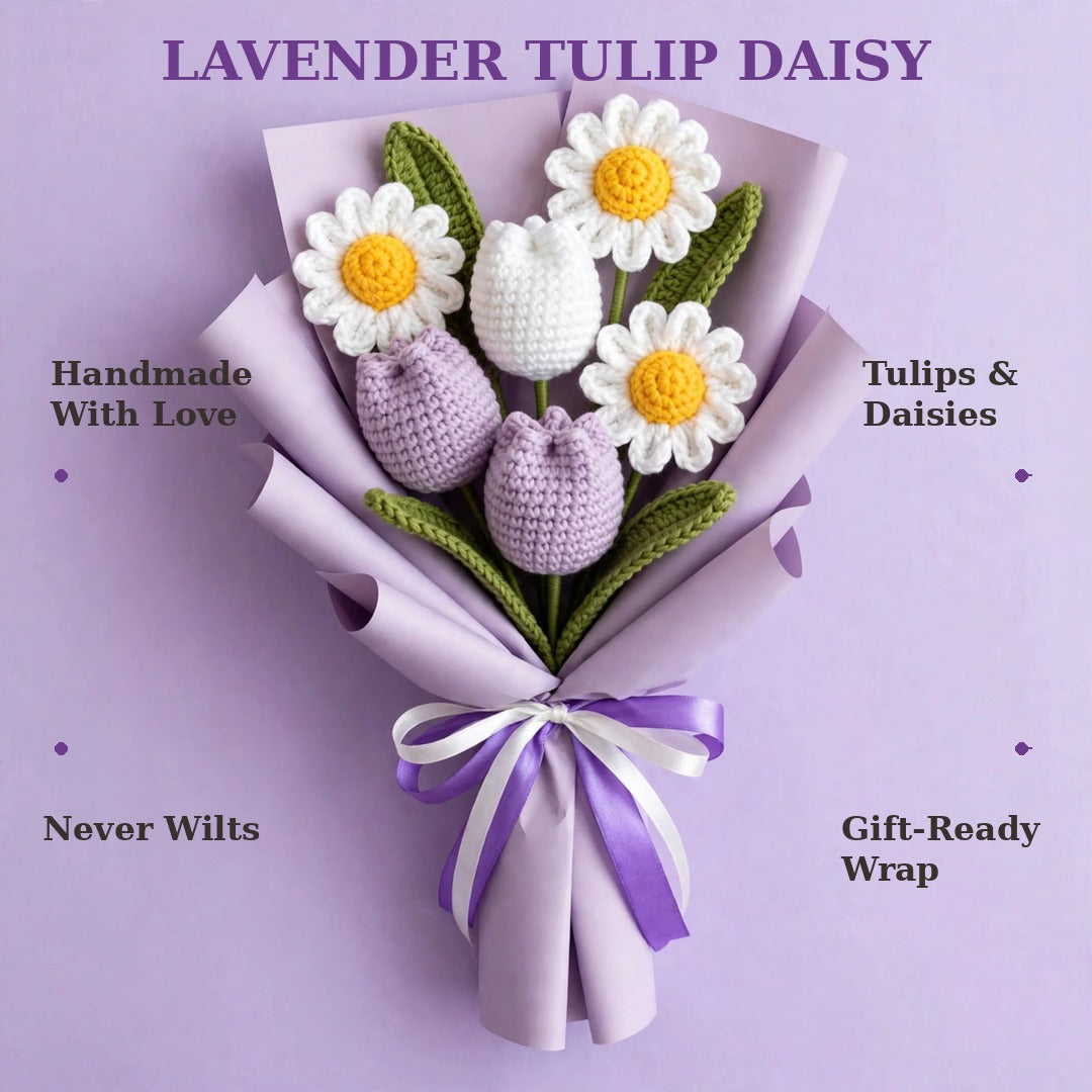 Lavender & White Tulip Bouquet with White Daisies and Two Ribbon Bows