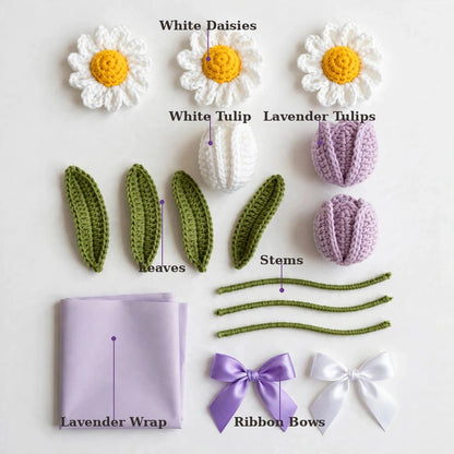 Lavender & White Tulip Bouquet with White Daisies and Two Ribbon Bows