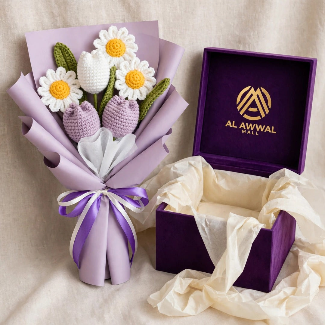 Lavender & White Tulip Bouquet with White Daisies and Two Ribbon Bows