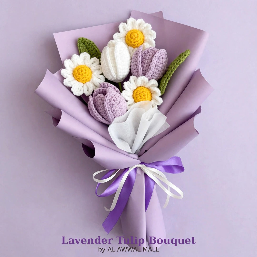 Lavender & White Tulip Bouquet with White Daisies and Two Ribbon Bows