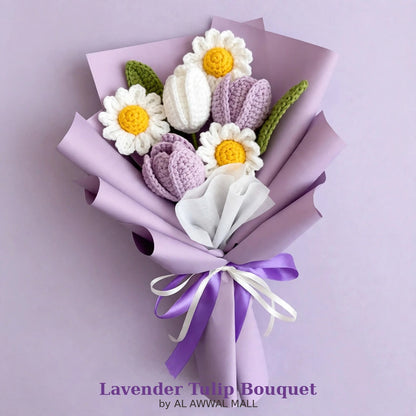Lavender & White Tulip Bouquet with White Daisies and Two Ribbon Bows