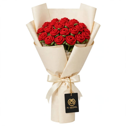 Full Red Mini Rose Bouquet with Cream Wrapping, Blue Stem & Green Leaves