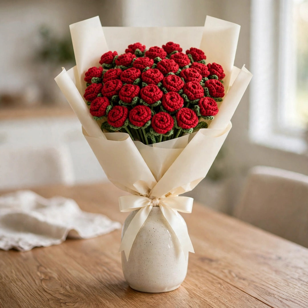 Full Red Mini Rose Bouquet with Cream Wrapping, Blue Stem & Green Leaves