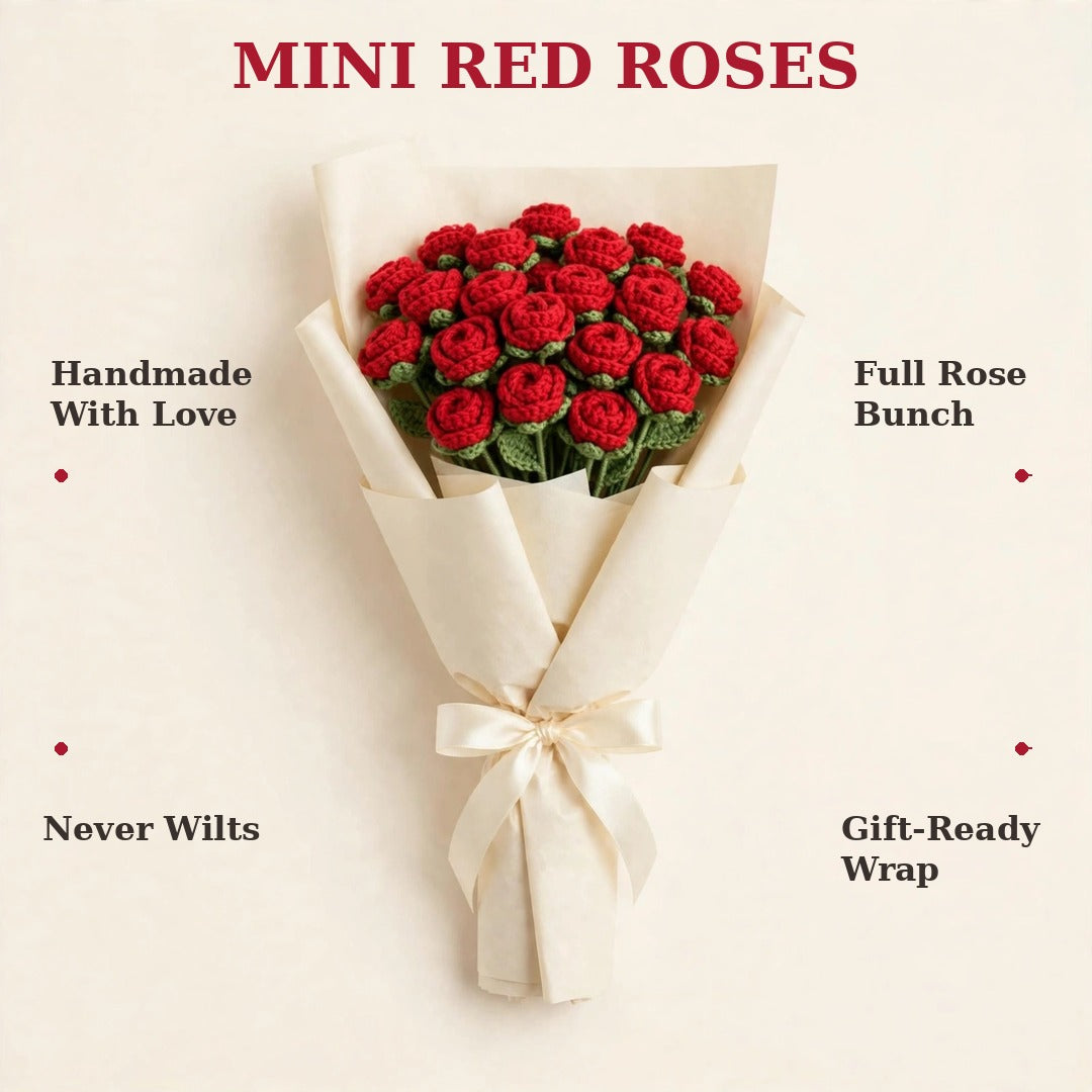 Full Red Mini Rose Bouquet with Cream Wrapping, Blue Stem & Green Leaves