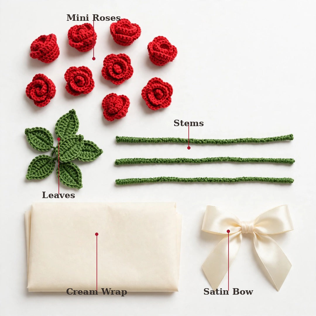Full Red Mini Rose Bouquet with Cream Wrapping, Blue Stem & Green Leaves