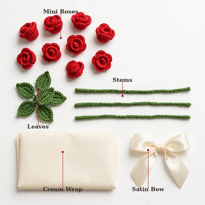 Full Red Mini Rose Bouquet with Cream Wrapping, Blue Stem & Green Leaves
