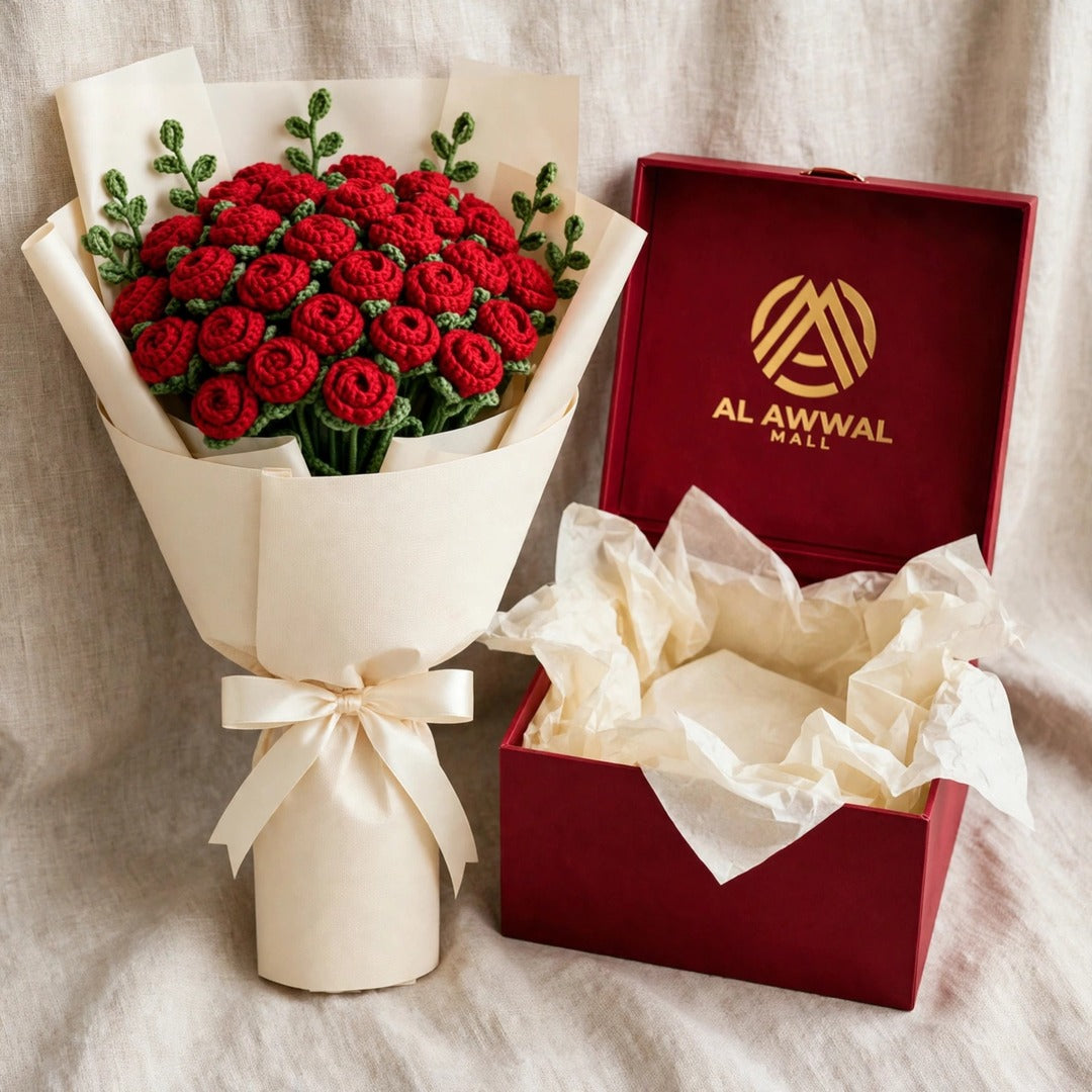 Full Red Mini Rose Bouquet with Cream Wrapping, Blue Stem & Green Leaves
