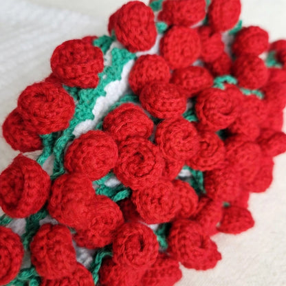 Full Red Mini Rose Bouquet with Cream Wrapping, Blue Stem & Green Leaves