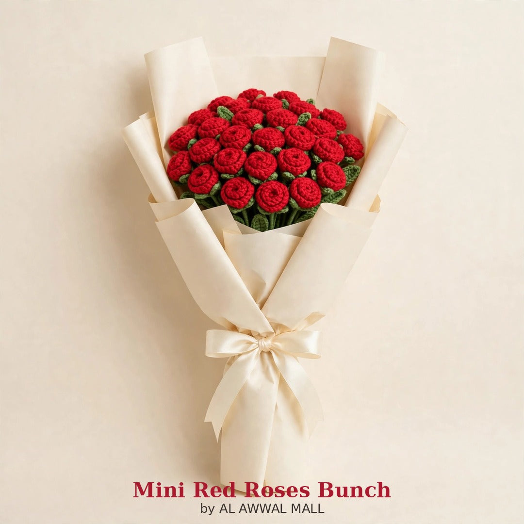 Full Red Mini Rose Bouquet with Cream Wrapping, Blue Stem & Green Leaves