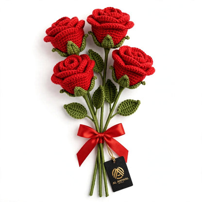Red Roses with Long Stems, Green Leaves & Red Ribbon