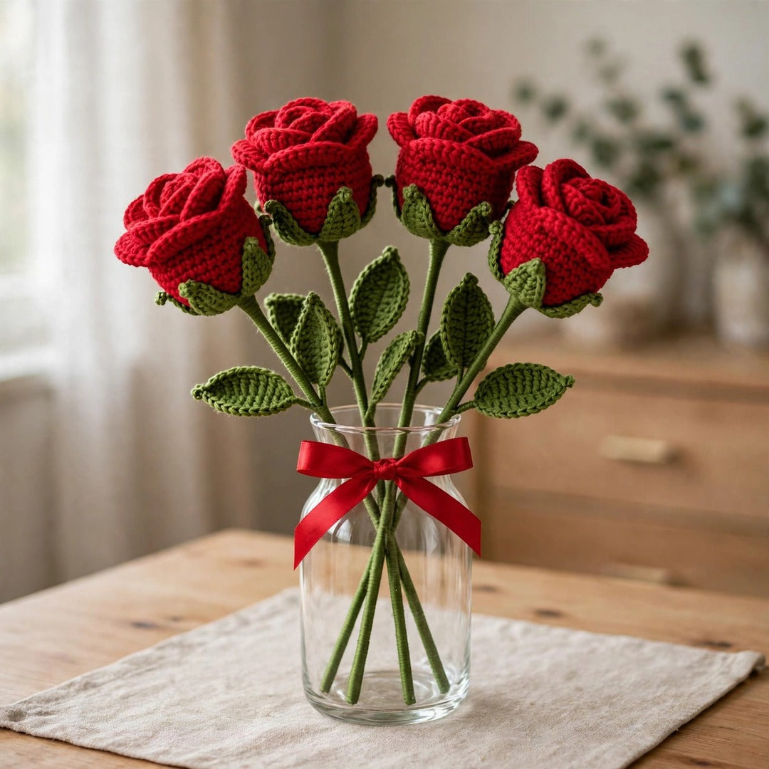 Red Roses with Long Stems, Green Leaves & Red Ribbon