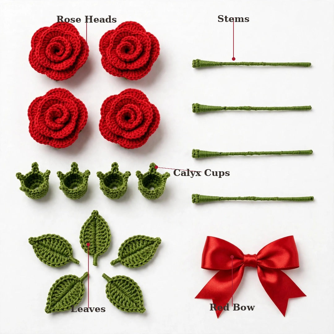 Red Roses with Long Stems, Green Leaves & Red Ribbon