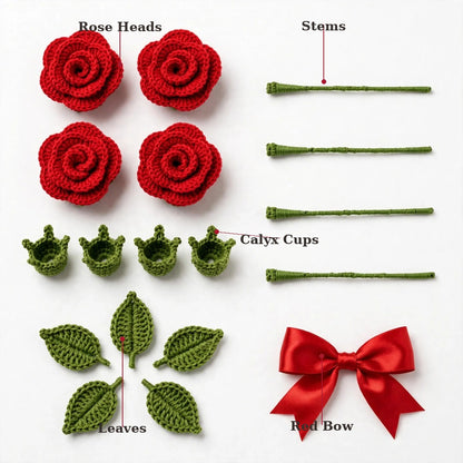 Red Roses with Long Stems, Green Leaves & Red Ribbon