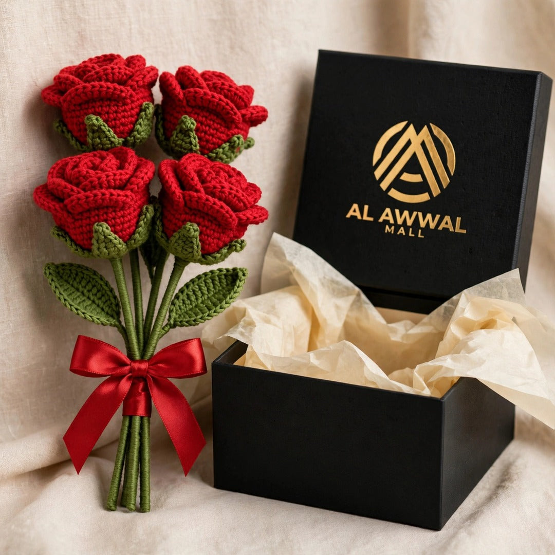 Red Roses with Long Stems, Green Leaves & Red Ribbon